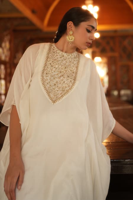 Nirjara_Ivory Cotton, Silk Sequins Round Neck Placed Floral Embroidered Kaftan With Pant _Online_at_Aza_Fashions