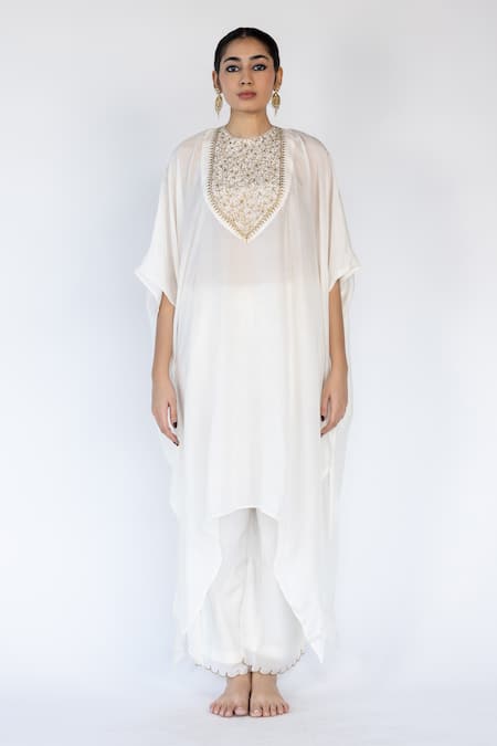Buy_Nirjara_Ivory Cotton, Silk Sequins Round Neck Placed Floral Embroidered Kaftan With Pant _Online_at_Aza_Fashions
