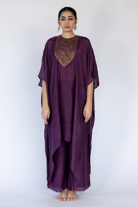 Buy_Nirjara_Purple Cotton, Silk Embroidery Round Neck Lailaa Placed Floral Kaftan With Pant _Online_at_Aza_Fashions