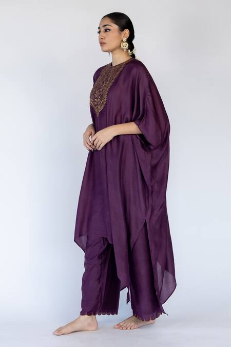 Shop_Nirjara_Purple Cotton, Silk Embroidery Round Neck Lailaa Placed Floral Kaftan With Pant _Online_at_Aza_Fashions