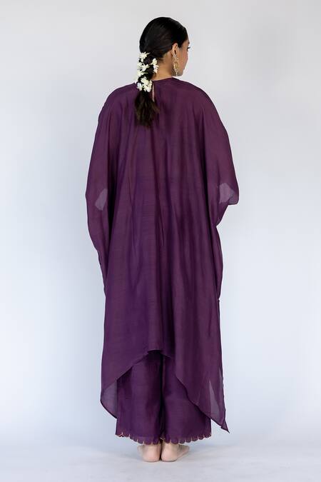 Nirjara_Purple Cotton, Silk Embroidery Round Neck Lailaa Placed Floral Kaftan With Pant _at_Aza_Fashions