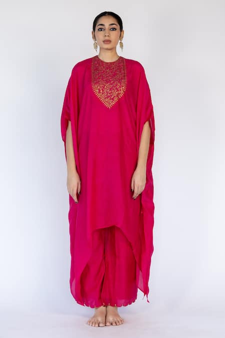 Nirjara_Pink Cotton, Silk Sequins Round Floral Embroidered Placement Kaftan With Pant _Online_at_Aza_Fashions