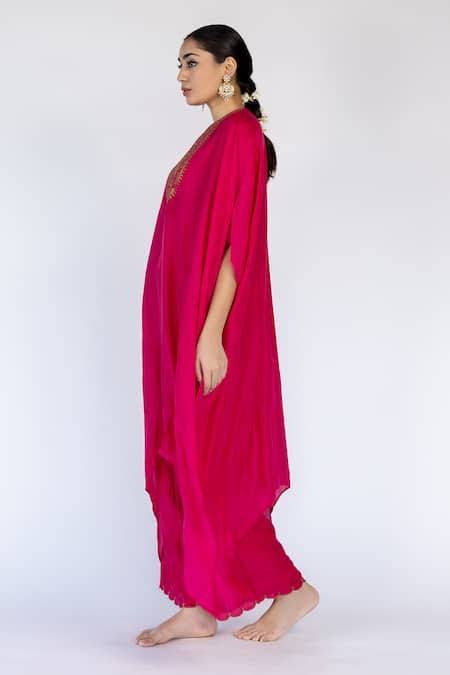 Buy_Nirjara_Pink Cotton, Silk Sequins Round Floral Embroidered Placement Kaftan With Pant _Online_at_Aza_Fashions