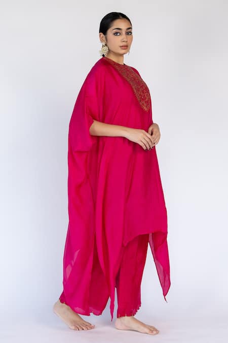 Shop_Nirjara_Pink Cotton, Silk Sequins Round Floral Embroidered Placement Kaftan With Pant _Online_at_Aza_Fashions