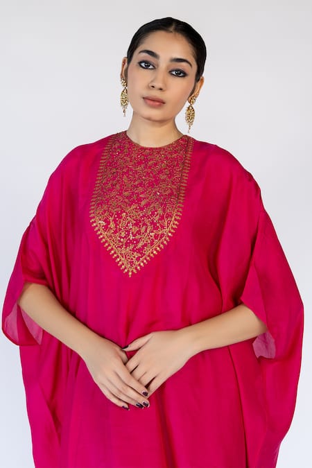Shop_Nirjara_Pink Cotton, Silk Sequins Round Floral Embroidered Placement Kaftan With Pant 
