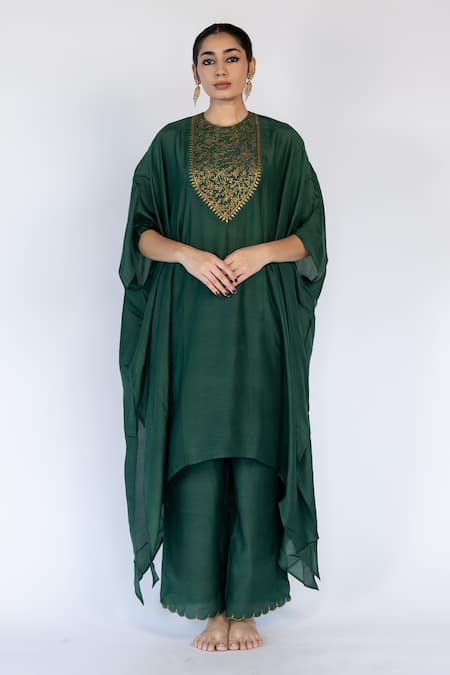 Nirjara_Emerald Green , Satin Embroidery Lailaa Placement Kaftan With Pant _Online_at_Aza_Fashions
