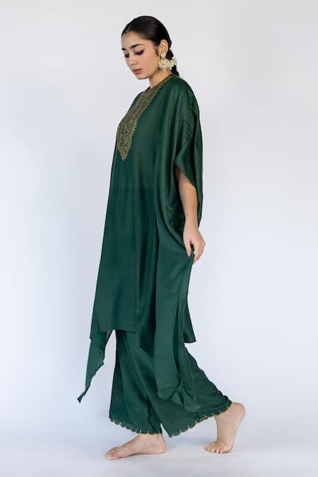 Buy_Nirjara_Emerald Green , Satin Embroidery Lailaa Placement Kaftan With Pant _Online_at_Aza_Fashions