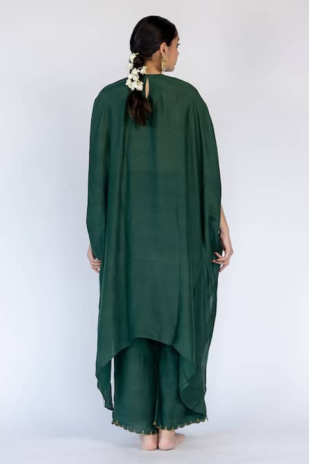 Shop_Nirjara_Emerald Green , Satin Embroidery Lailaa Placement Kaftan With Pant _Online_at_Aza_Fashions