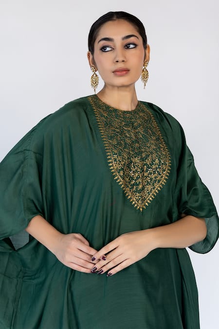 Nirjara_Emerald Green , Satin Embroidery Lailaa Placement Kaftan With Pant _at_Aza_Fashions