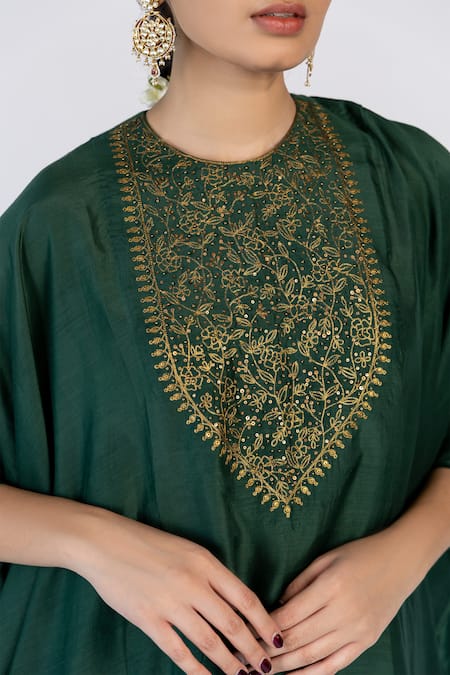 Buy_Nirjara_Emerald Green , Satin Embroidery Lailaa Placement Kaftan With Pant 