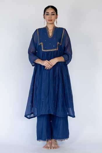 Buy_Nirjara_Blue Chanderi , Sequins, Farah Embellished Yoke Kurta With Pant _Online_at_Aza_Fashions
