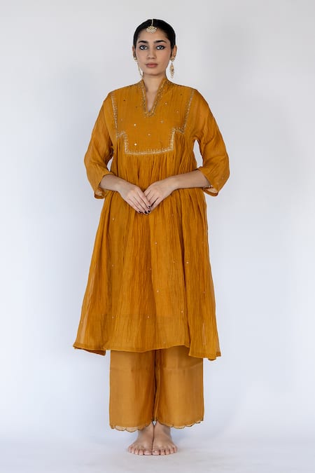 Nirjara Yellow Chanderi , Embroidery, Farah Thread Yoke Kurta With Pant Online at Aza Fashions Nirjara_Yellow Chanderi , Embroidery, Farah Thread Yoke Kurta With Pant _Online_at_Aza_Fashions