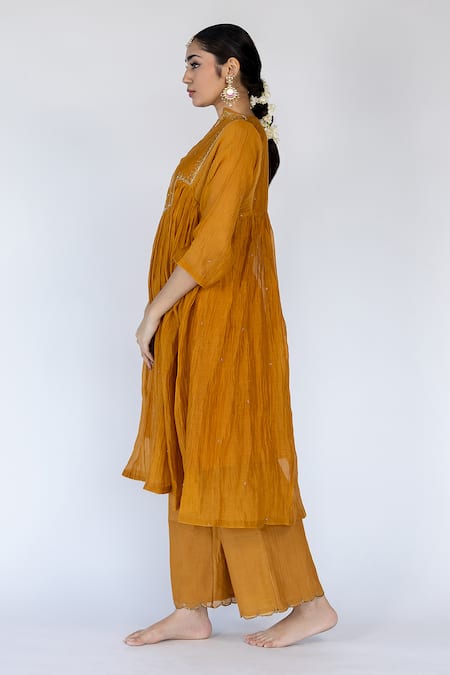 Buy Nirjara Yellow Chanderi , Embroidery, Farah Thread Yoke Kurta With Pant Online at Aza Fashions Buy_Nirjara_Yellow Chanderi , Embroidery, Farah Thread Yoke Kurta With Pant _Online_at_Aza_Fashions