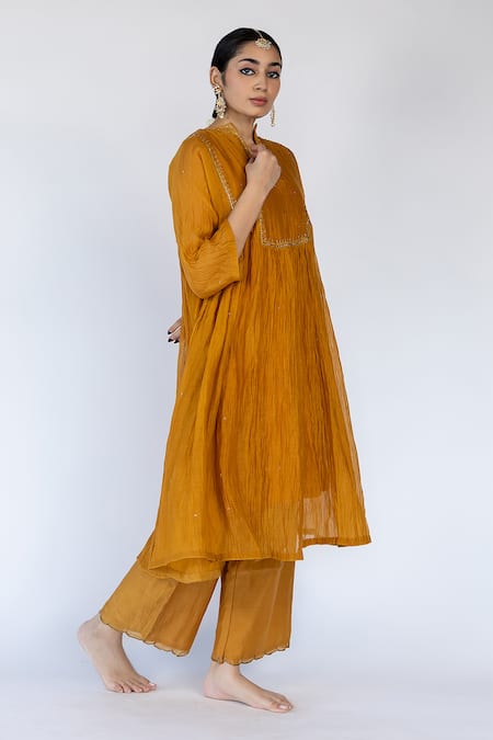 Shop Nirjara Yellow Chanderi , Embroidery, Farah Thread Yoke Kurta With Pant Online at Aza Fashions Shop_Nirjara_Yellow Chanderi , Embroidery, Farah Thread Yoke Kurta With Pant _Online_at_Aza_Fashions