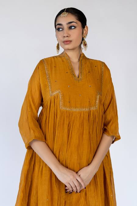 Buy Nirjara Yellow Chanderi , Embroidery, Farah Thread Yoke Kurta With Pant Buy_Nirjara_Yellow Chanderi , Embroidery, Farah Thread Yoke Kurta With Pant