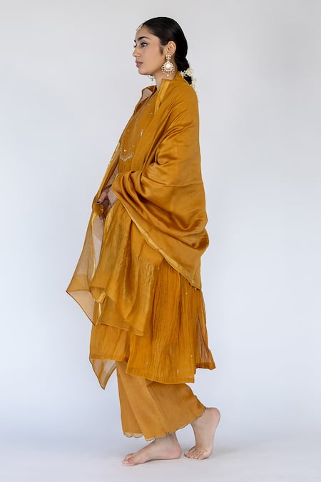 Shop Nirjara Yellow Chanderi , Embroidery, Farah Thread Yoke Kurta With Pant Shop_Nirjara_Yellow Chanderi , Embroidery, Farah Thread Yoke Kurta With Pant