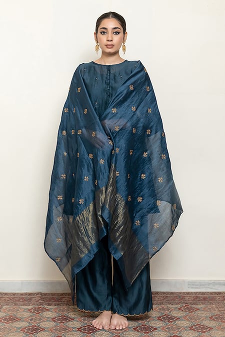 Shop Nirjara Blue Chanderi Silk, Cotton Embroidery, Sequins Floral Sprig Kurta Pant Set Online at Aza Fashions Shop_Nirjara_Blue Chanderi Silk, Cotton Embroidery, Sequins Floral Sprig Kurta Pant Set _Online_at_Aza_Fashions