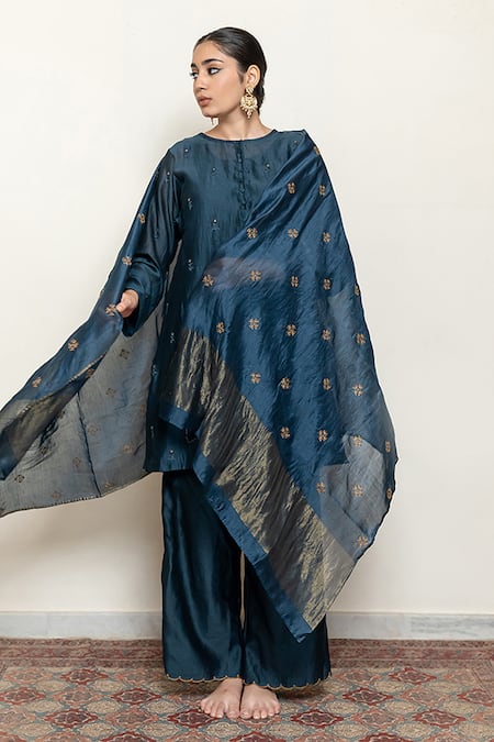 Nirjara Blue Chanderi Silk, Cotton Embroidery, Sequins Floral Sprig Kurta Pant Set at Aza Fashions Nirjara_Blue Chanderi Silk, Cotton Embroidery, Sequins Floral Sprig Kurta Pant Set _at_Aza_Fashions