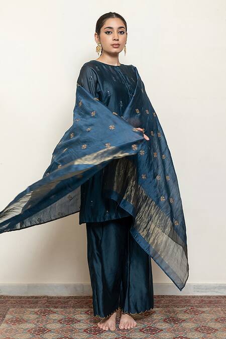 Buy Nirjara Blue Chanderi Silk, Cotton Embroidery, Sequins Floral Sprig Kurta Pant Set Buy_Nirjara_Blue Chanderi Silk, Cotton Embroidery, Sequins Floral Sprig Kurta Pant Set