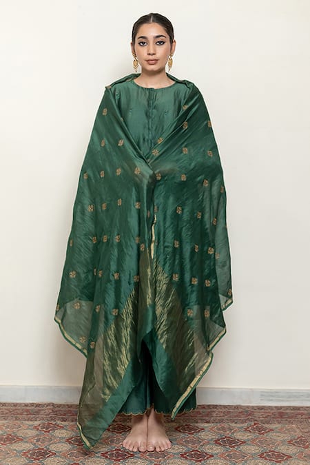 Shop_Nirjara_Emerald Green Chanderi Silk, Cotton Roohi Floral Blossom Kurta With Pant _Online_at_Aza_Fashions