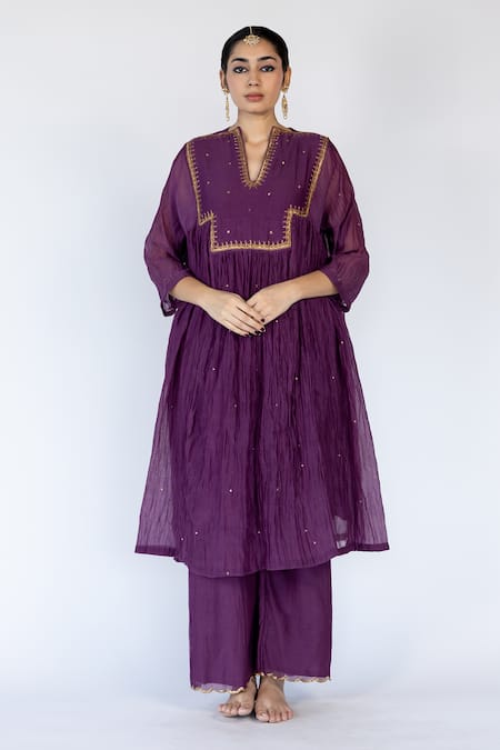 Nirjara_Purple Chanderi , Sequins, Farah Flared Yoke Kurta With Pant _Online_at_Aza_Fashions