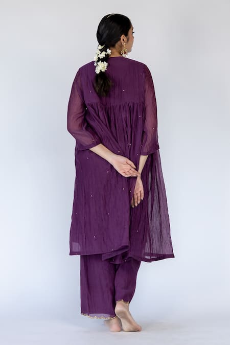 Shop_Nirjara_Purple Chanderi , Sequins, Farah Flared Yoke Kurta With Pant _Online_at_Aza_Fashions