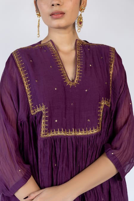 Nirjara_Purple Chanderi , Sequins, Farah Flared Yoke Kurta With Pant _at_Aza_Fashions