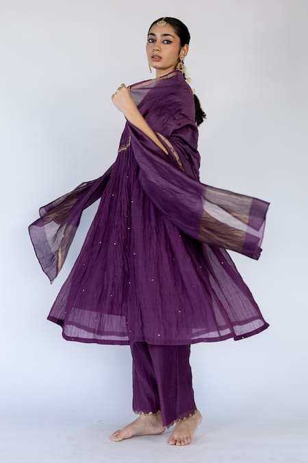 Buy_Nirjara_Purple Chanderi , Sequins, Farah Flared Yoke Kurta With Pant 