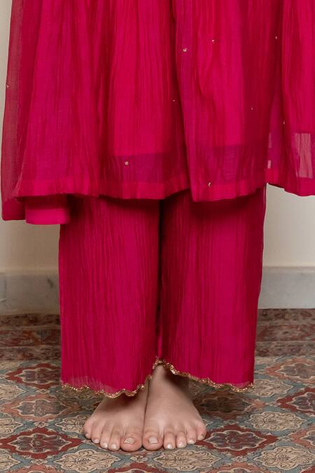 Nirjara_Pink Cotton, Chanderi Embroidery Boat Neck Farah Yoke Kurta And Pant Set _Online_at_Aza_Fashions