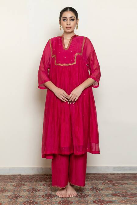Buy_Nirjara_Pink Cotton, Chanderi Embroidery Boat Neck Farah Yoke Kurta And Pant Set _Online_at_Aza_Fashions