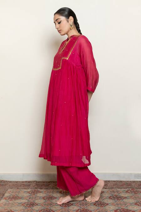 Shop_Nirjara_Pink Cotton, Chanderi Embroidery Boat Neck Farah Yoke Kurta And Pant Set _Online_at_Aza_Fashions
