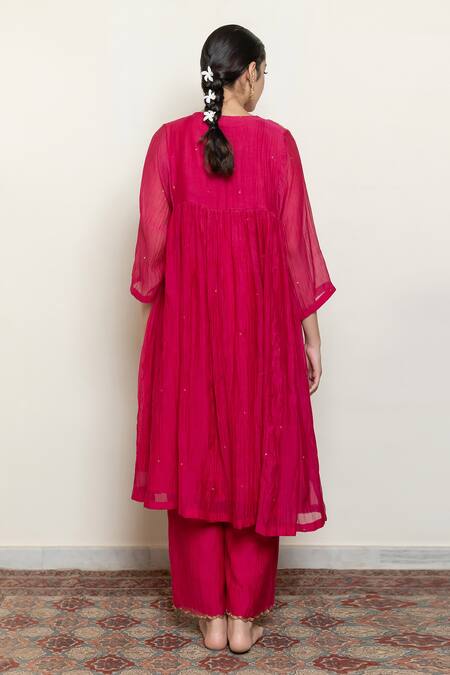 Buy_Nirjara_Pink Cotton, Chanderi Embroidery Boat Neck Farah Yoke Kurta And Pant Set 