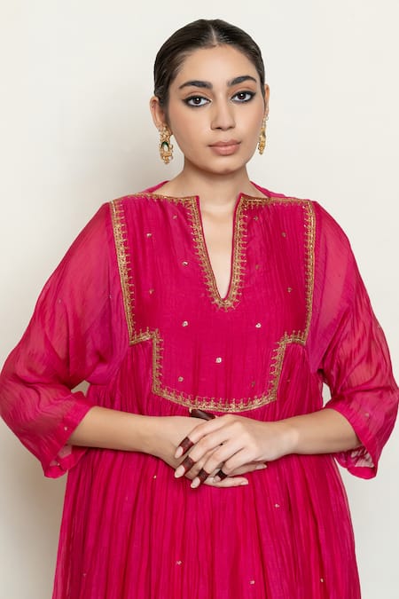 Shop_Nirjara_Pink Cotton, Chanderi Embroidery Boat Neck Farah Yoke Kurta And Pant Set 