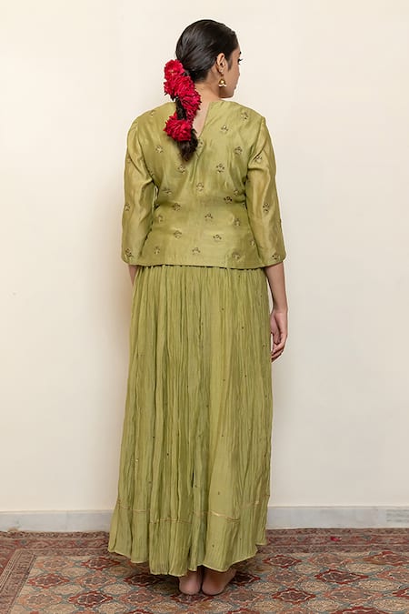 Shop Nirjara Green Cotton, Silk Heer Kanchadi Blouse And Lehenga Set at Aza Fashions Shop_Nirjara_Green Cotton, Silk Heer Kanchadi Blouse And Lehenga Set _at_Aza_Fashions