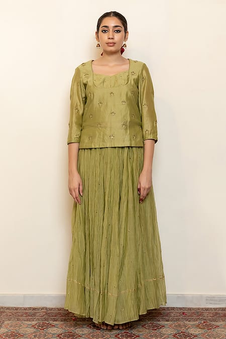 Nirjara Green Cotton, Silk Heer Kanchadi Blouse And Lehenga Set Online at Aza Fashions Nirjara_Green Cotton, Silk Heer Kanchadi Blouse And Lehenga Set _Online_at_Aza_Fashions