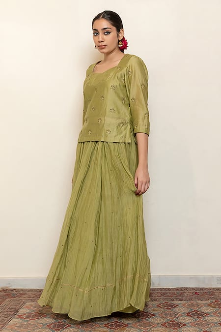 Buy Nirjara Green Cotton, Silk Heer Kanchadi Blouse And Lehenga Set Online at Aza Fashions Buy_Nirjara_Green Cotton, Silk Heer Kanchadi Blouse And Lehenga Set _Online_at_Aza_Fashions