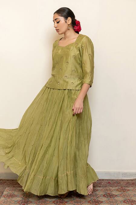 Nirjara Green Cotton, Silk Heer Kanchadi Blouse And Lehenga Set at Aza Fashions Nirjara_Green Cotton, Silk Heer Kanchadi Blouse And Lehenga Set _at_Aza_Fashions