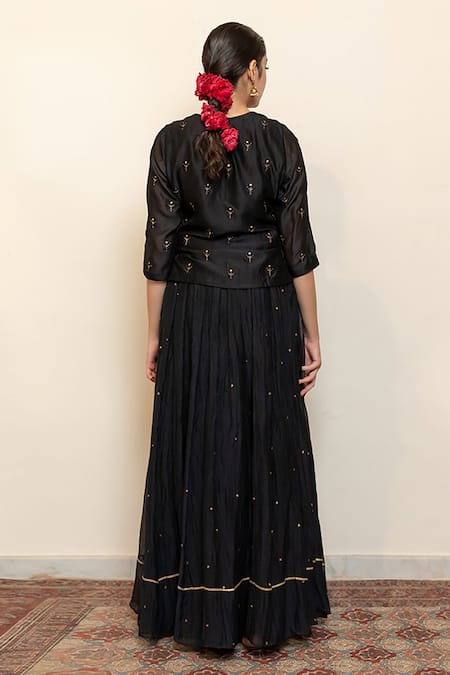 Shop Nirjara Black Cotton, Silk Heer Hand Kanchadi Blouse And Lehenga Set at Aza Fashions Shop_Nirjara_Black Cotton, Silk Heer Hand Kanchadi Blouse And Lehenga Set _at_Aza_Fashions