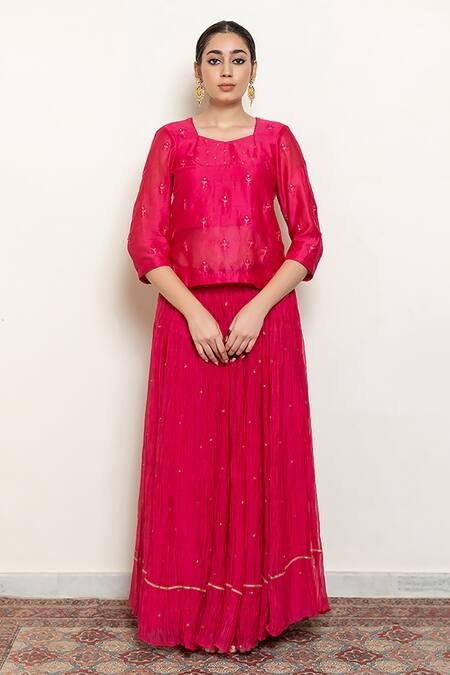Nirjara_Pink Cotton, Silk Heer Resham Kanchadi Blouse And Lehenga Set _Online_at_Aza_Fashions