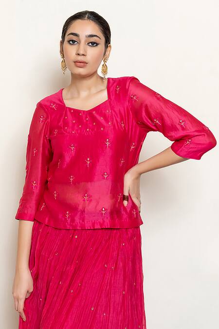 Shop_Nirjara_Pink Cotton, Silk Heer Resham Kanchadi Blouse And Lehenga Set _Online_at_Aza_Fashions