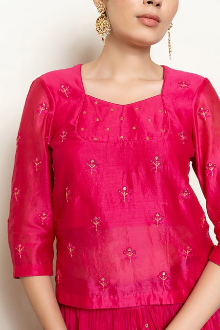 Buy_Nirjara_Pink Cotton, Silk Heer Resham Kanchadi Blouse And Lehenga Set 