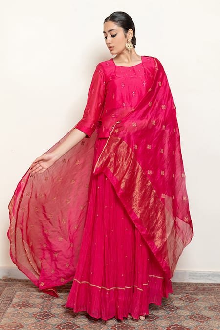 Shop_Nirjara_Pink Cotton, Silk Heer Resham Kanchadi Blouse And Lehenga Set 