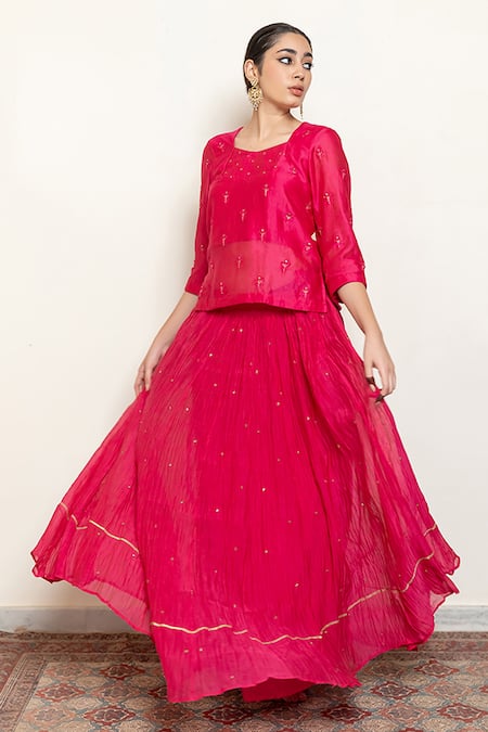 Nirjara_Pink Cotton, Silk Heer Resham Kanchadi Blouse Lehenga Set _Online_at_Aza_Fashions