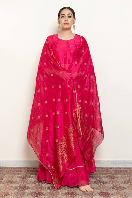 Buy_Nirjara_Pink Cotton, Silk Heer Resham Kanchadi Blouse Lehenga Set _Online_at_Aza_Fashions