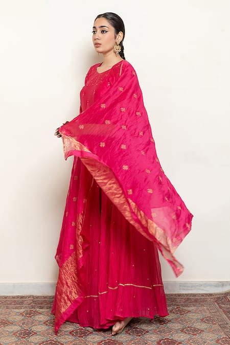Shop_Nirjara_Pink Cotton, Silk Heer Resham Kanchadi Blouse Lehenga Set _Online_at_Aza_Fashions