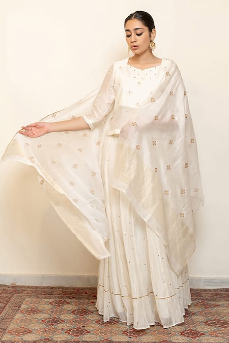 Shop Nirjara Ivory Chanderi Cotton, Heer Floral Motifs Kanchadi Blouse And Lehenga Set Shop_Nirjara_Ivory Chanderi Cotton, Heer Floral Motifs Kanchadi Blouse And Lehenga Set