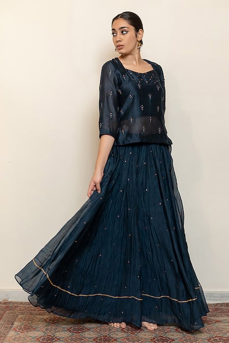 Shop Nirjara Blue , Silk, Heer Kanchadi Blouse Lehenga Set at Aza Fashions Shop_Nirjara_Blue , Silk, Heer Kanchadi Blouse Lehenga Set _at_Aza_Fashions