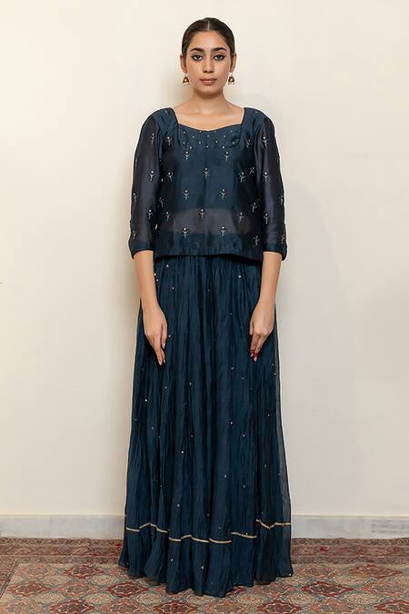 Nirjara_Blue Cotton, Silk, Heer Hand Kanchadi Blouse Lehenga Set _Online_at_Aza_Fashions