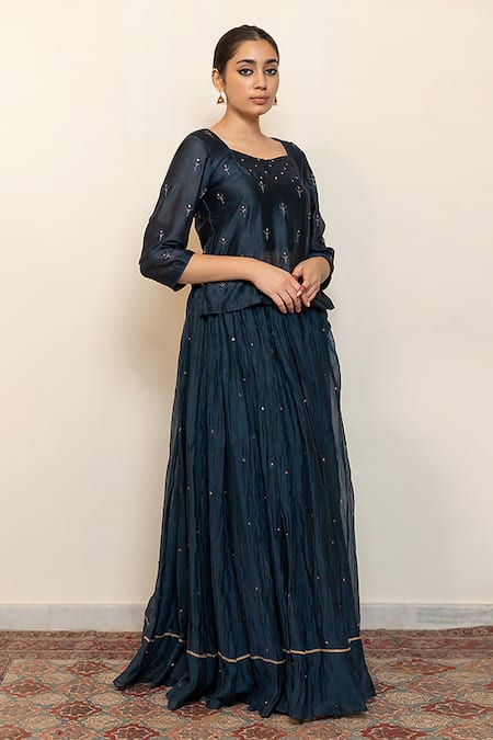Buy_Nirjara_Blue Cotton, Silk, Heer Hand Kanchadi Blouse Lehenga Set _Online_at_Aza_Fashions