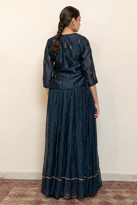 Shop_Nirjara_Blue Cotton, Silk, Heer Hand Kanchadi Blouse Lehenga Set _Online_at_Aza_Fashions